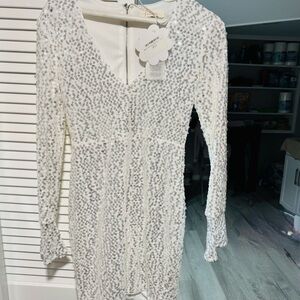 Elegant White and Silver Sequin Long Sleeve Dress